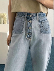 Patchwork Straight Jeans Loose Fit Denim Pants Women's Clothing
