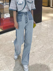Patchwork Straight Jeans Loose Fit Denim Pants Women's Clothing