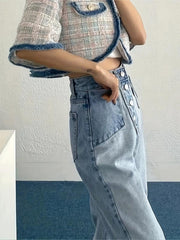 Patchwork Straight Jeans Loose Fit Denim Pants Women's Clothing