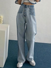 Patchwork Straight Jeans Loose Fit Denim Pants Women's Clothing