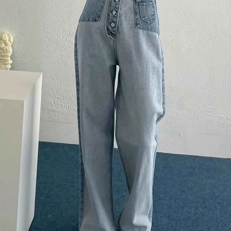 Patchwork Straight Jeans Loose Fit Denim Pants Women's Clothing