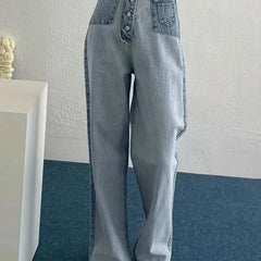 Patchwork Straight Jeans Loose Fit Denim Pants Women's Clothing
