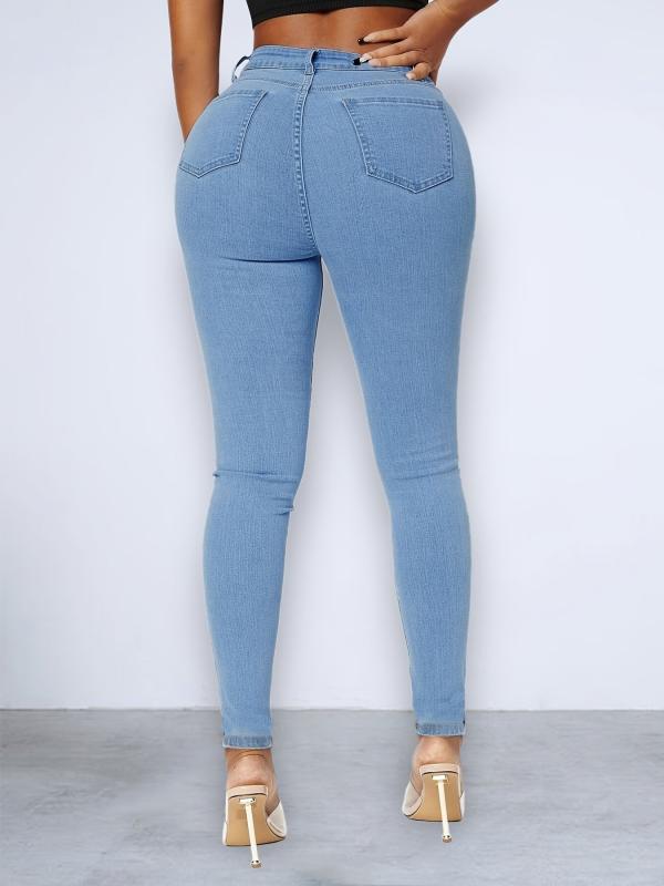 Faux Pearl Studded Skinny Jeans High Stretch Ripped Holes Tight Jeans