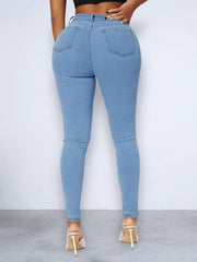 Faux Pearl Studded Skinny Jeans High Stretch Ripped Holes Tight Jeans
