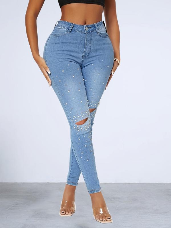 Faux Pearl Studded Skinny Jeans High Stretch Ripped Holes Tight Jeans