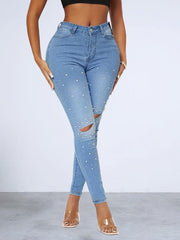Faux Pearl Studded Skinny Jeans High Stretch Ripped Holes Tight Jeans
