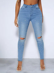 Faux Pearl Studded Skinny Jeans High Stretch Ripped Holes Tight Jeans