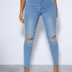 Faux Pearl Studded Skinny Jeans High Stretch Ripped Holes Tight Jeans