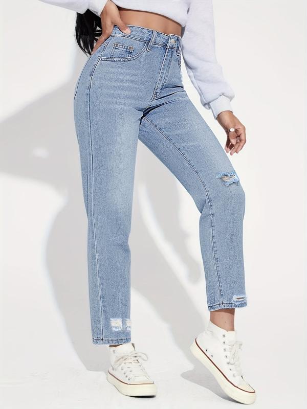 High Rise Distressed Straight Leg Jeans