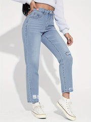 High Rise Distressed Straight Leg Jeans