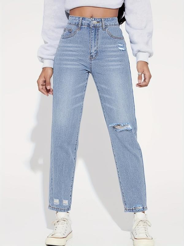 High Rise Distressed Straight Leg Jeans