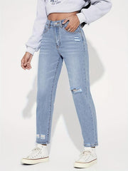 High Rise Distressed Straight Leg Jeans