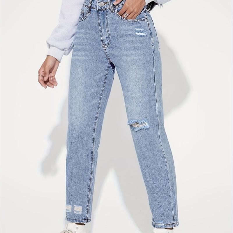 High Rise Distressed Straight Leg Jeans