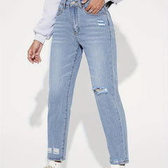 High Rise Distressed Straight Leg Jeans