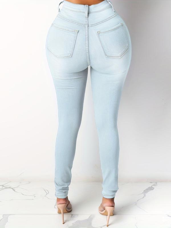 Light Casual Skinny Jeans Mid Stretch Slim Fit Slash Pockets Tight Jeans
