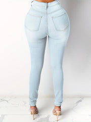 Light Casual Skinny Jeans Mid Stretch Slim Fit Slash Pockets Tight Jeans