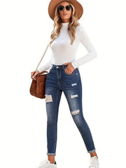 Dark Distressed Skinny Jeans Ripped Holes High Stretch Tight Jeans