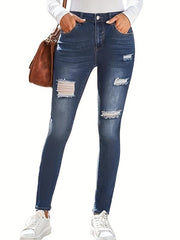 Dark Distressed Skinny Jeans Ripped Holes High Stretch Tight Jeans