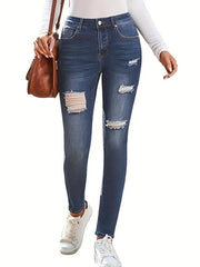 Dark Distressed Skinny Jeans Ripped Holes High Stretch Tight Jeans