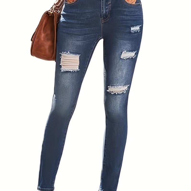 Dark Distressed Skinny Jeans Ripped Holes High Stretch Tight Jeans