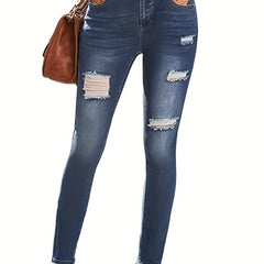 Dark Distressed Skinny Jeans Ripped Holes High Stretch Tight Jeans