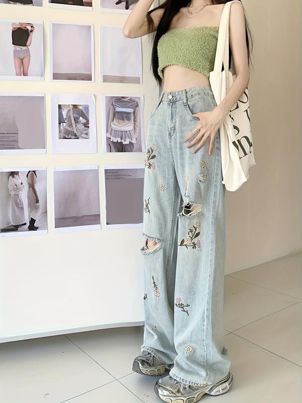Floral Embroidered Baggy Jeans Ripped Holes Wide Legs Women's Denim