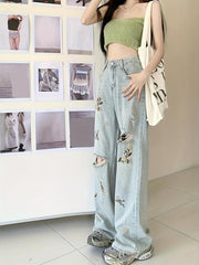 Floral Embroidered Baggy Jeans Ripped Holes Wide Legs Women's Denim
