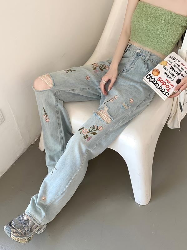 Floral Embroidered Baggy Jeans Ripped Holes Wide Legs Women's Denim