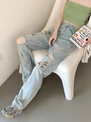 Floral Embroidered Baggy Jeans Ripped Holes Wide Legs Women's Denim