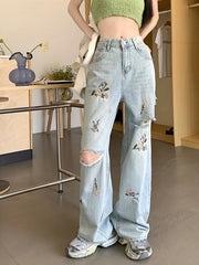 Floral Embroidered Baggy Jeans Ripped Holes Wide Legs Women's Denim