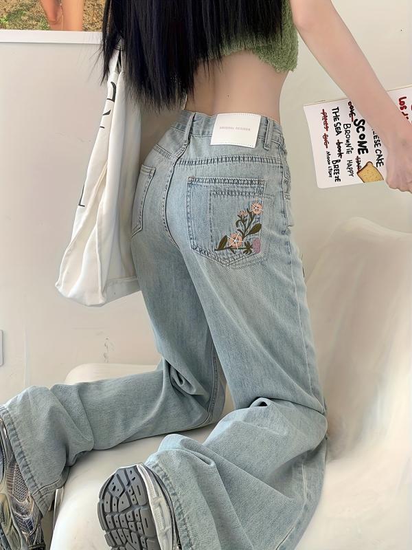 Floral Embroidered Baggy Jeans Ripped Holes Wide Legs Women's Denim