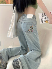 Floral Embroidered Baggy Jeans Ripped Holes Wide Legs Women's Denim