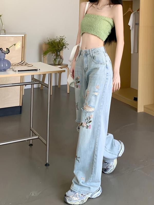 Floral Embroidered Baggy Jeans Ripped Holes Wide Legs Women's Denim