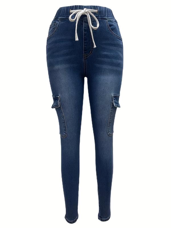 Navy Skinny Jeans with Flap Pockets & Elastic Waist