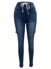 Navy Skinny Jeans with Flap Pockets & Elastic Waist