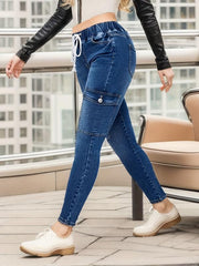 Navy Skinny Jeans with Flap Pockets & Elastic Waist