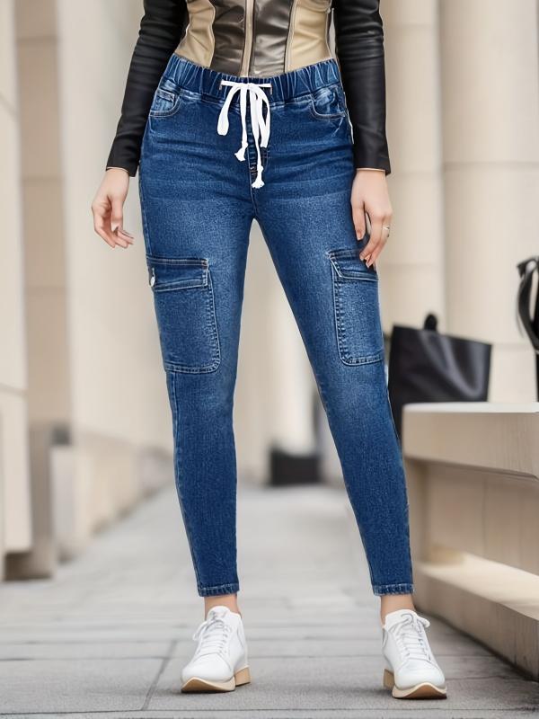 Navy Skinny Jeans with Flap Pockets & Elastic Waist