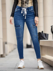 Navy Skinny Jeans with Flap Pockets & Elastic Waist