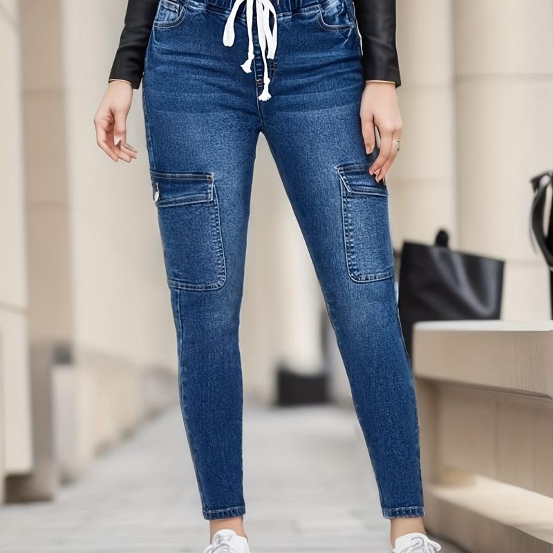 Navy Skinny Jeans with Flap Pockets & Elastic Waist
