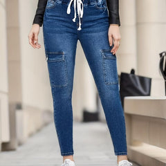 Navy Skinny Jeans with Flap Pockets & Elastic Waist