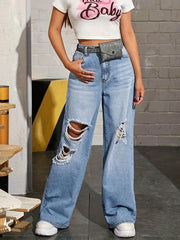 Distressed Wide Leg Jeans Ripped Holes Straight Fit Denim Pants