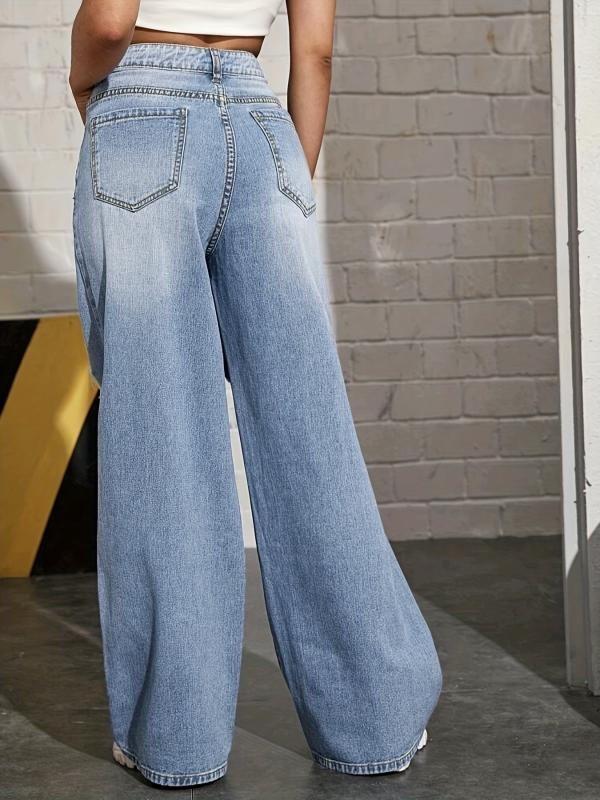 Distressed Wide Leg Jeans Ripped Holes Straight Fit Denim Pants