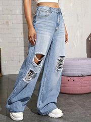 Distressed Wide Leg Jeans Ripped Holes Straight Fit Denim Pants