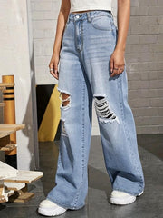 Distressed Wide Leg Jeans Ripped Holes Straight Fit Denim Pants