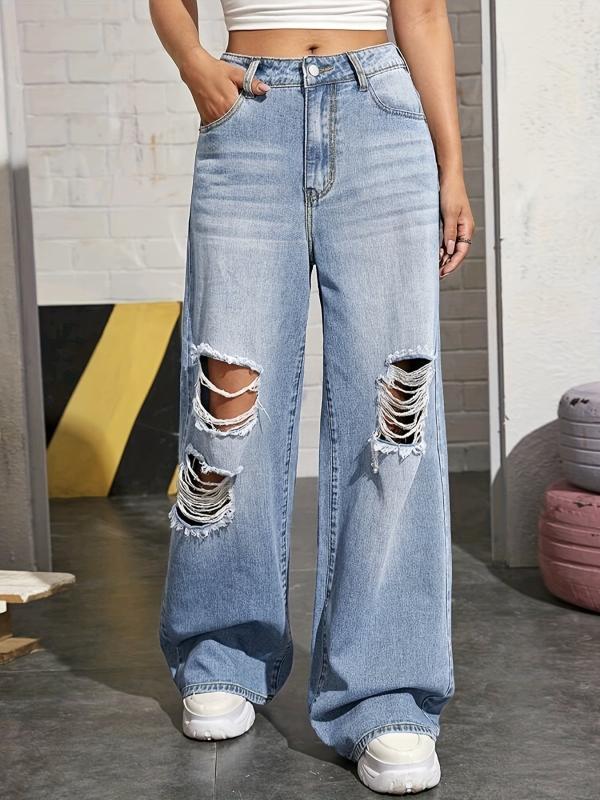 Distressed Wide Leg Jeans Ripped Holes Straight Fit Denim Pants
