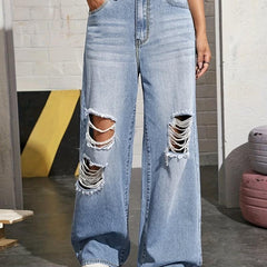 Distressed Wide Leg Jeans Ripped Holes Straight Fit Denim Pants
