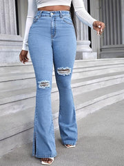 Ripped Flared Jeans Bell Bottom High Waist Wide Legs Denim Pants