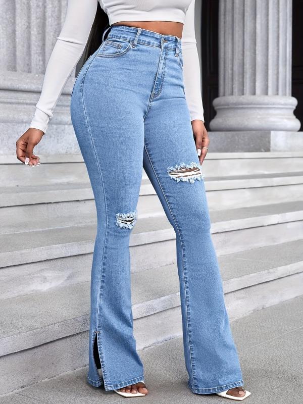 Ripped Flared Jeans Bell Bottom High Waist Wide Legs Denim Pants