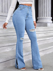 Ripped Flared Jeans Bell Bottom High Waist Wide Legs Denim Pants