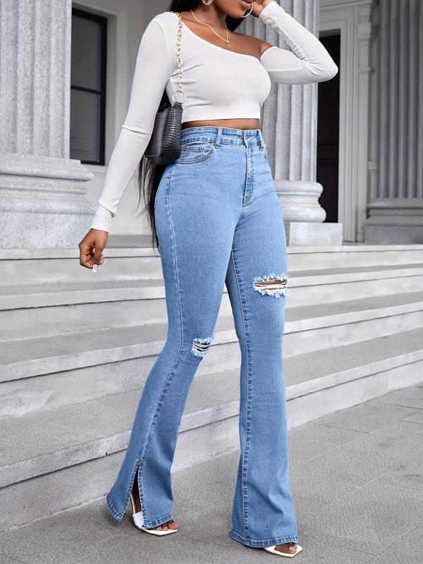 Ripped Flared Jeans Bell Bottom High Waist Wide Legs Denim Pants